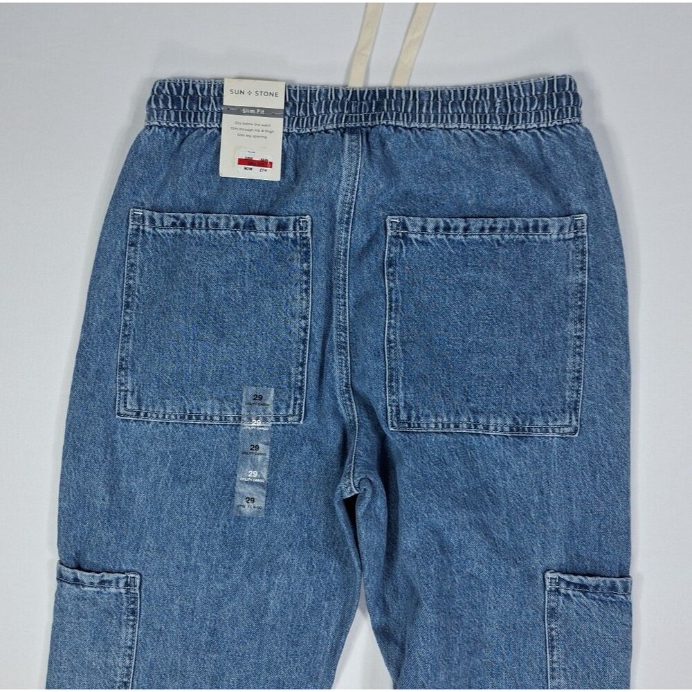 Sun + Stone Men 29 Slim Fit Denim Cargo Jeans Elastic Waist Drawstring Blue NWT - Picture 4 of 8